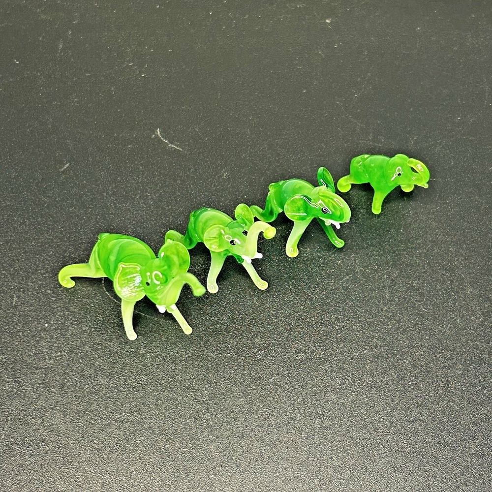 Miniature Hand Blown Green Glass Elephant Family Figurines Set of 4